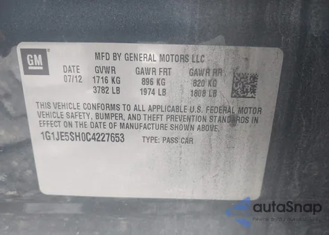 2012 Chevrolet Sonic Ltz из США, поврежденный, VIN 1G1JE5SH0C4227653